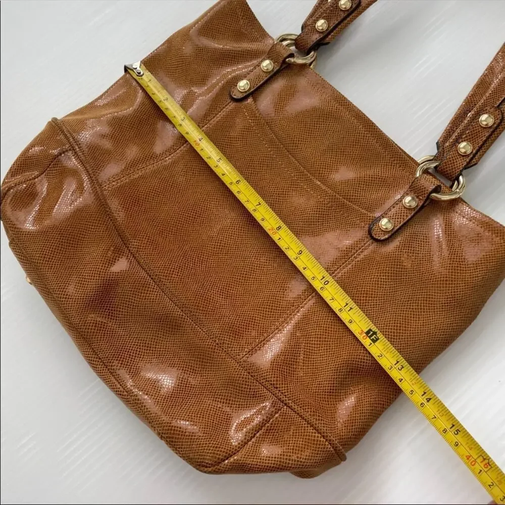 B. makowsky shimmer shimmer leather tote arm bag purse leopard print lining